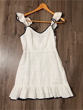 White Eyelet Cotton Mini Dress with Black Trim Cotton Lining Summer NWOT